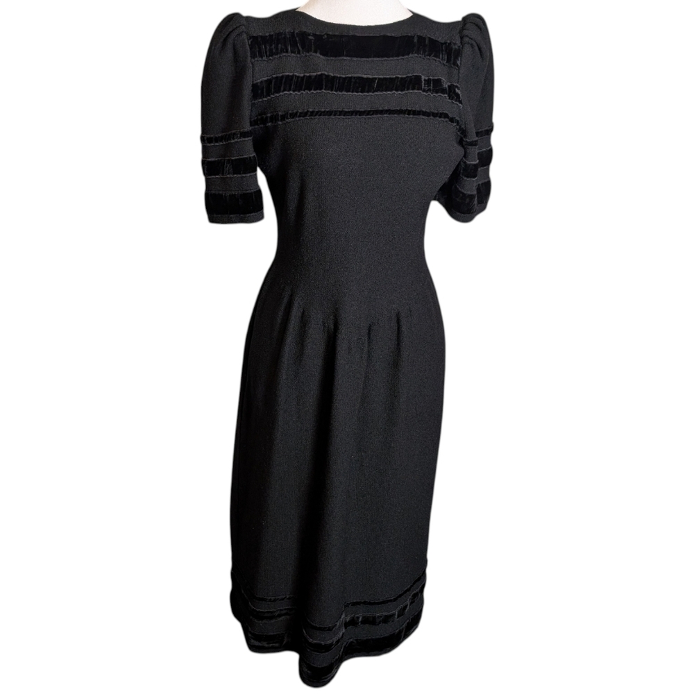 Vintage‎ Adolfo Saks Fifth Ave Dress Black Wool Velvet Trim Quiet Luxury 1960s S